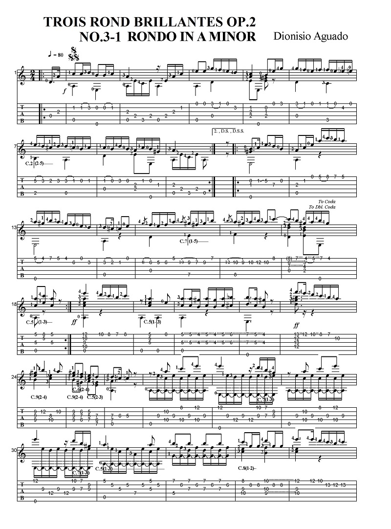 �^�u���t���y���@�f�B�I�j�V�I�E�A�O�A�h�@3�̉ؗ�ȃ����h Op.2 3-1 �����h �C�Z�� 
	Sheet music with Tab Dionisio Aguado TROIS ROND BRILLANTES OP.2 3-1RONDO IN A MINOR